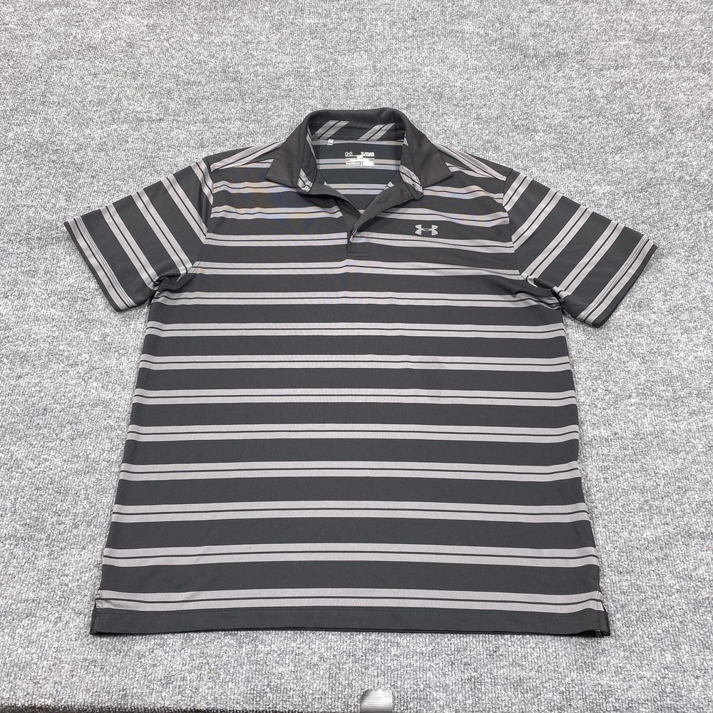 Under Armour Polo Shirt Mens XL Black Striped‎ HeatGear Golf Performance